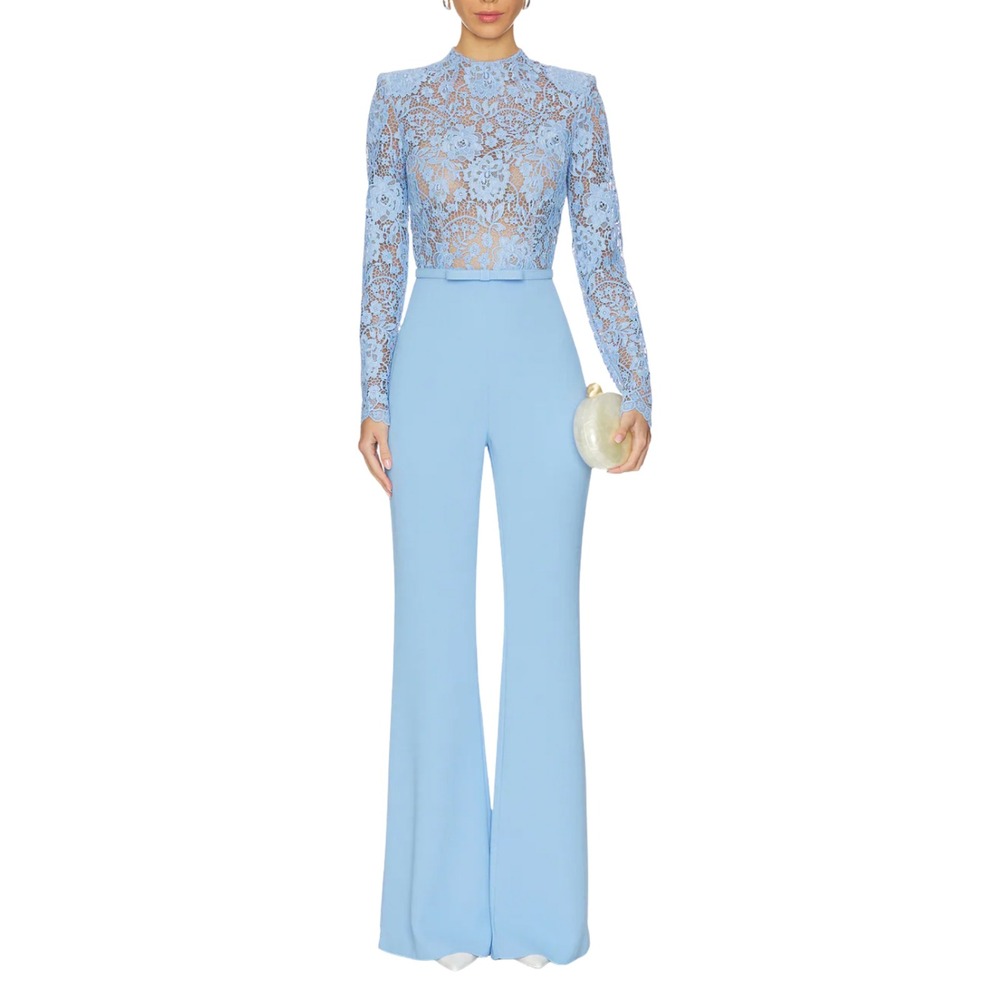 Nadine Merabi Maddie Blue Lace Jumpsuit Long Sleeve Wide Leg Formal EUC $635 XS